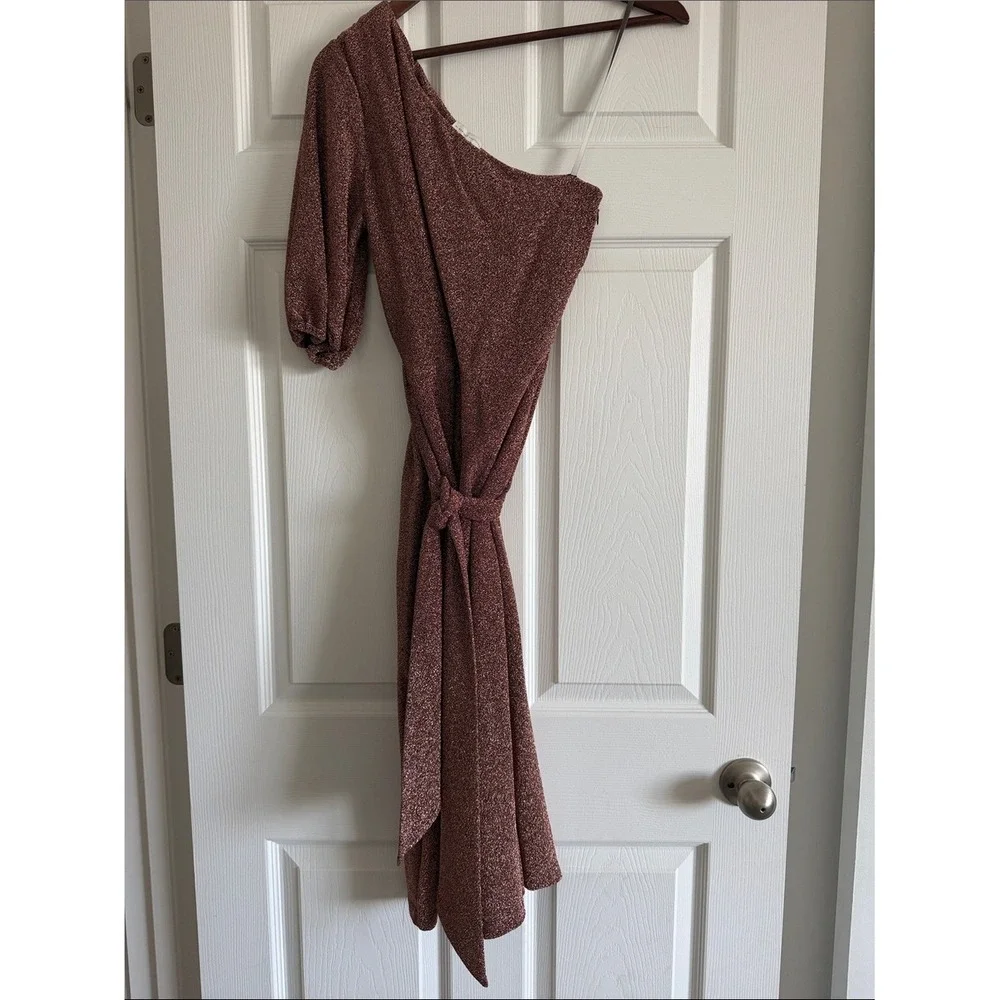 Monique Lhuillier Rose Gold Metallic One Shoulder Midi Dress Size 4 NWT
